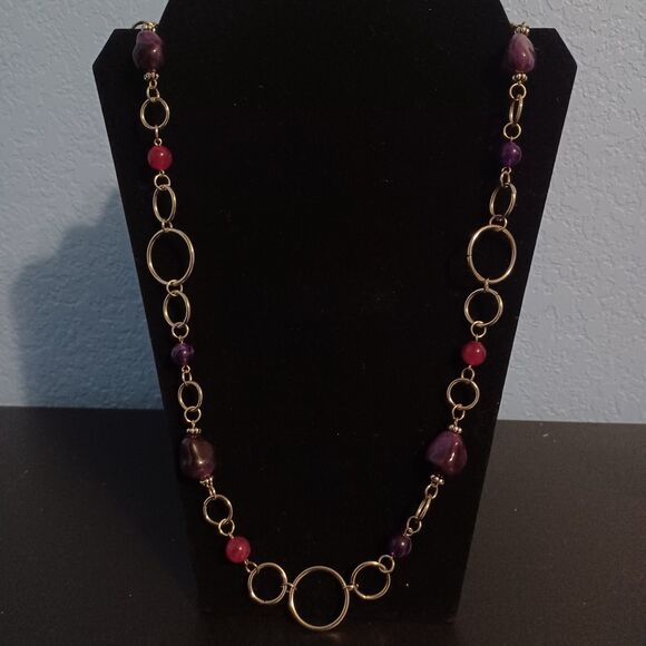 Silver-Toned Open Circle Necklace with Purple Stones, 32" - Picture 1 of 2